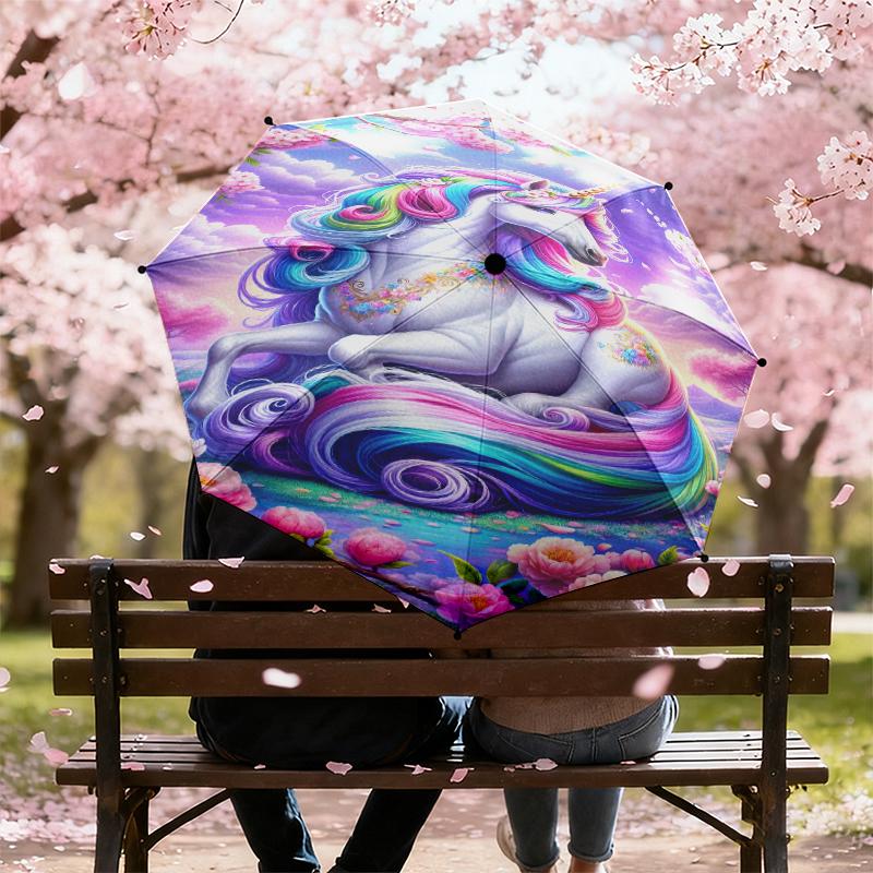 1pc Purple Unicorn Umbrella Portable Folding Umbrella Iron Frame Hole Bone Structure Outdoor Home Umbrella