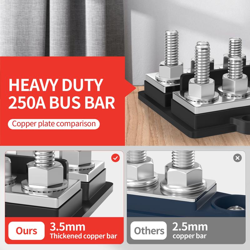 250A Dual Bus Bar 12V Dual Row Bus Bar Power Distribution Block 12 x 5/16" Terminal Studs Positive and Negative Battery Bus Bar