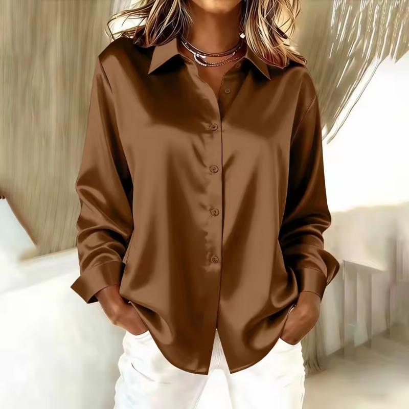 Women's Long Sleeve-sleeved Shirt Lapel Satin Button Cardigan Office Commuting Elegant Simple Tops Basic Loose Silk Blouses