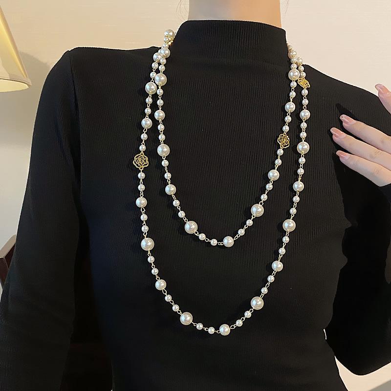 Rose Flower Pearl Sweater Chain Fashionable Hollowed-out Flower Multi-layered Intertwined Pearl Style Necklace
