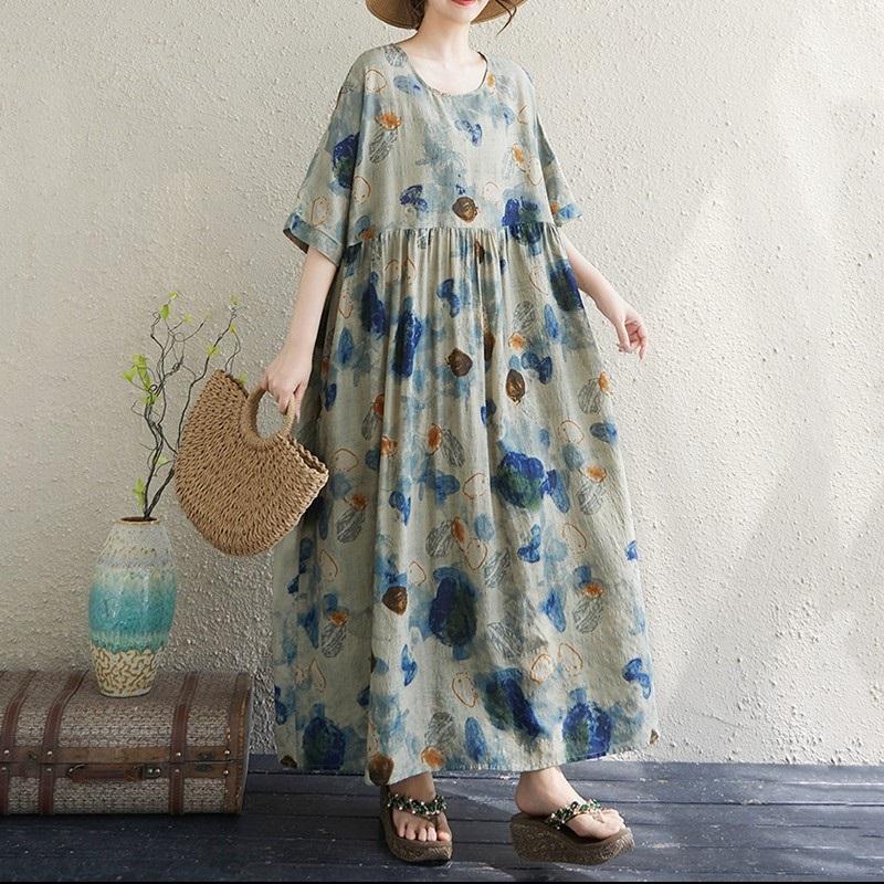

Новое хлопковое винтажное платье с цветочным принтом больших размеров с коротким рукавом для женщин, повседневное свободное длинное летнее платье