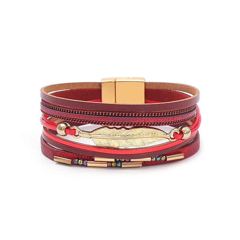 Bohemian Style Multi-layer PU Leather Bracelet Women's Leaf Magnet Buckle Jewelry Accessories