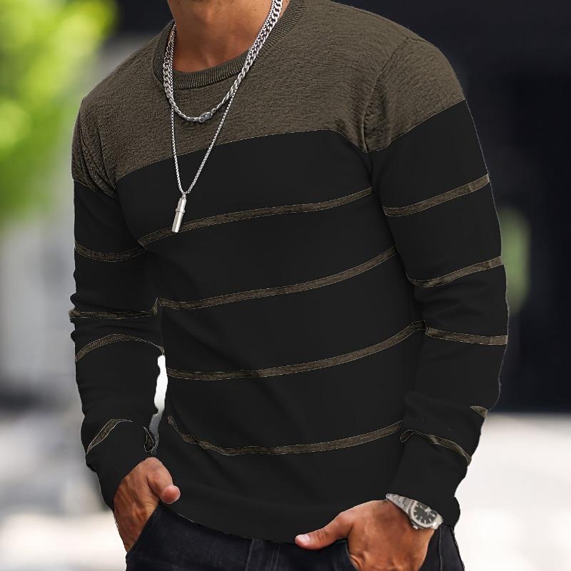 Pánský ležérní pruhovaný pletený pulovr - Námořnicky modrý a bílý kontrast, Běžný H-výstřih, Dlouhý rukáv, Kulatý výstřih