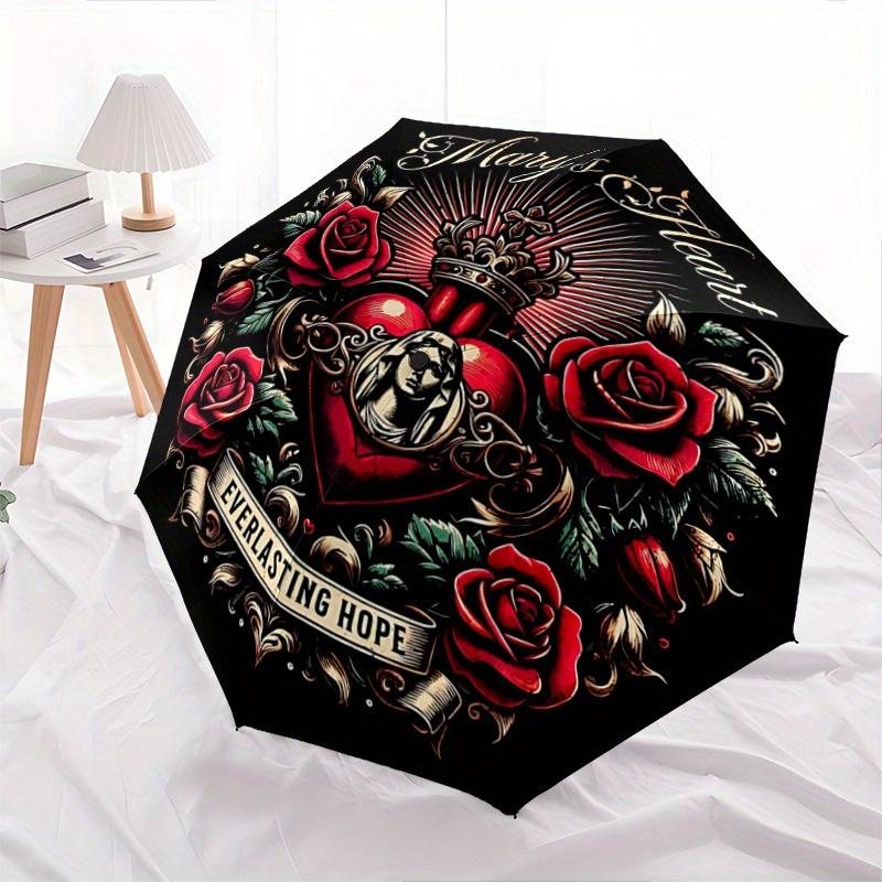 

1pc Mary s Heart: Everlasting Hope - Automatic Folding Umbrella with Portable Tri-Fold Design, 8-Bone Iron Frame, Outdoor, Ideal Gift for Fans, T