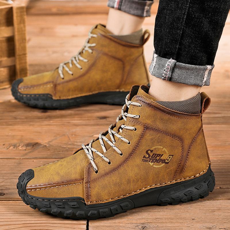 2025 New Large Size Men's Shoes Hand-sewn Medium and High Top Casual Shoes Leather Flat Bottom Outdoor Tooling Boots
