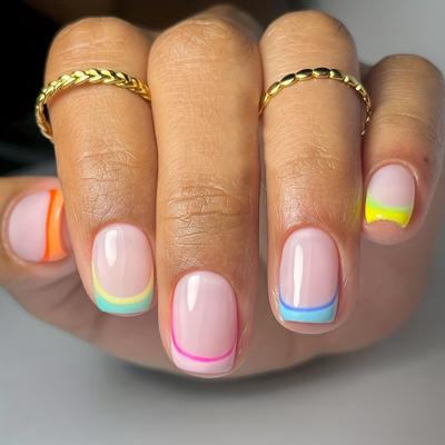 24pcs Glossy Short Square Fake Nails, Colorful French Tip Press On Nails, Minimalist Style Full Cover False Nails For Women Girls