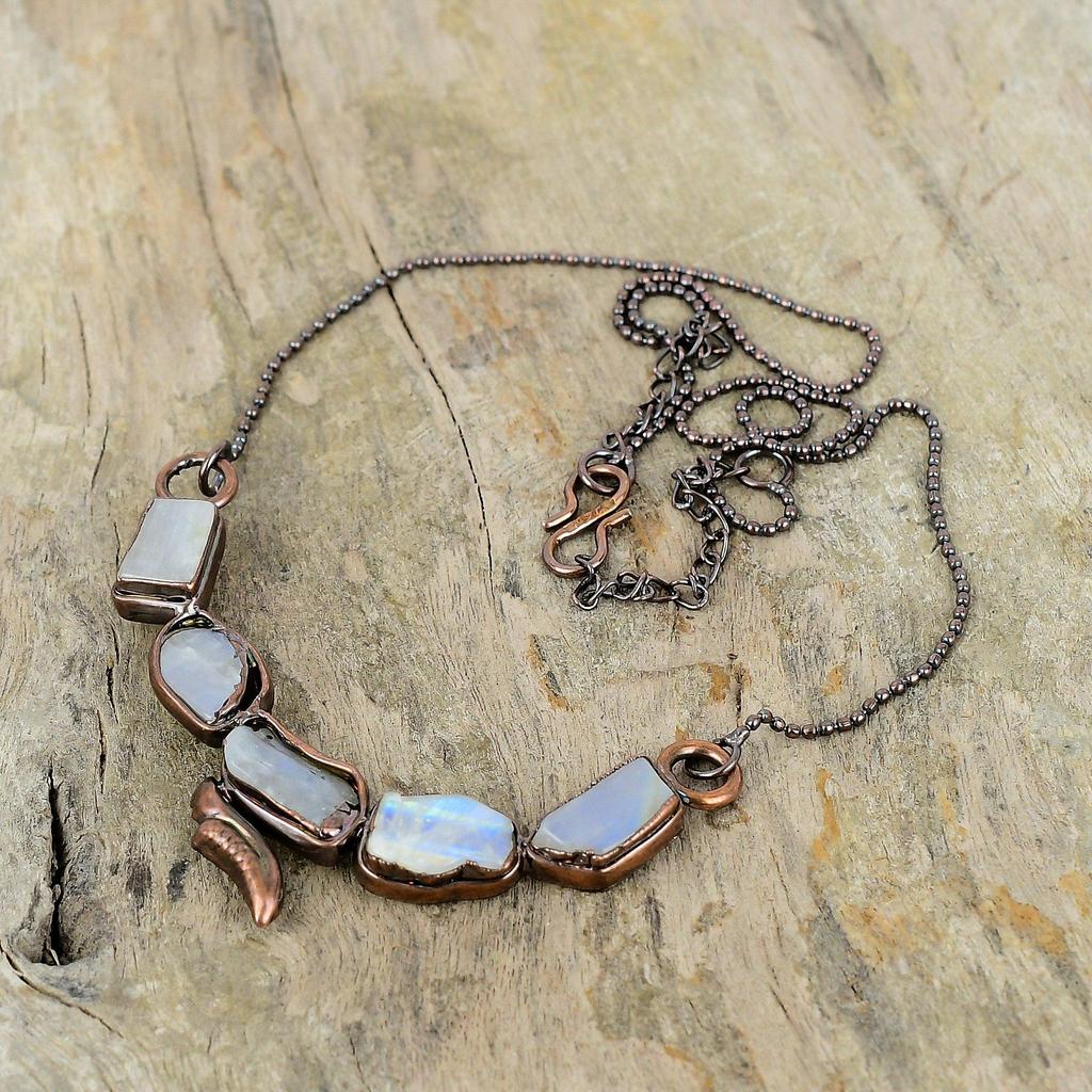 Collier Pierre de Lune Arc-en-ciel Brut Collier Cuivre Électroformé Collier Chaîne Réglable Bijoux Électroformés Faits Main Colliers Pierres Précieuses