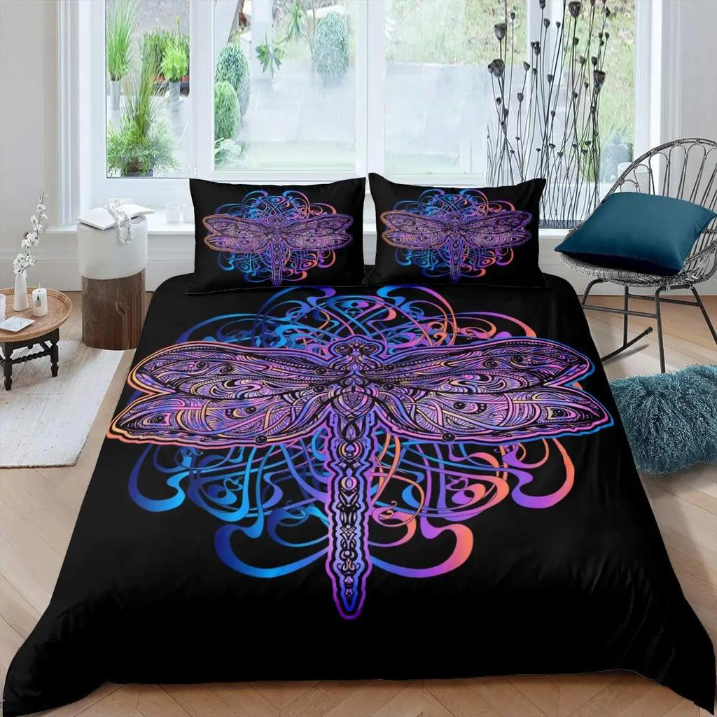 Böhmische Libelle Bettbezug-Set King Size Mandala Paisley Bettwäsche-Set Lila Batik Irisierend Hippie Polyester Steppdeckenbezug