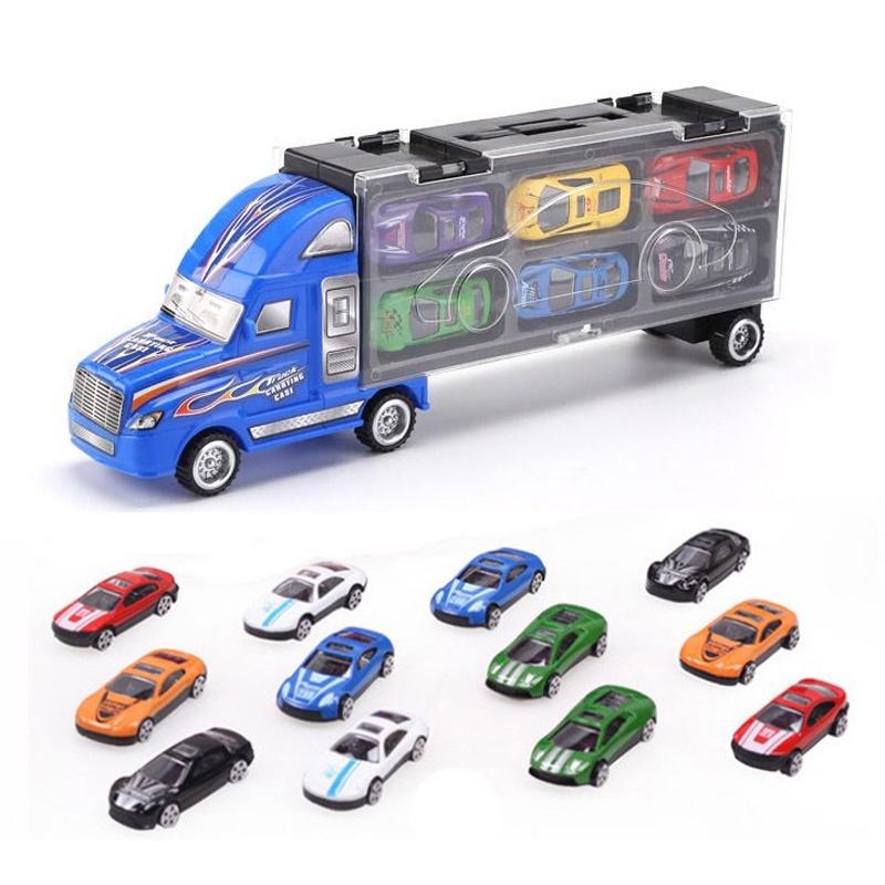 Durable Kids Vehicles Transport Car Carrier Semi Truck With 12 Mini Cars Gift Set