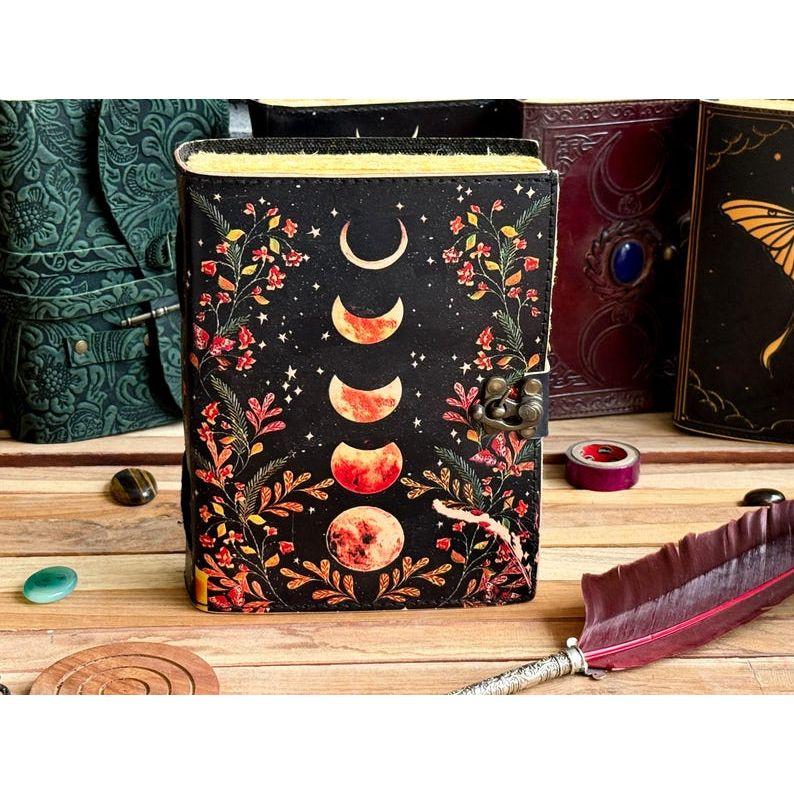 Moon Phase Vintage Leather Journal for Men & Women 200 Pages of Antique Handmade Deckle Edge Paper, Leather Sketchbook, Christmas Gift