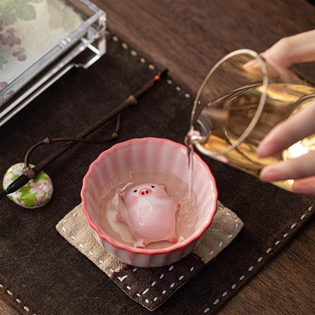 Ceramic Tea Cup Traditional Collection Kung Fu Teacup With Tea Pet Miniature Figurine For Dining Room Decoration, 120ml