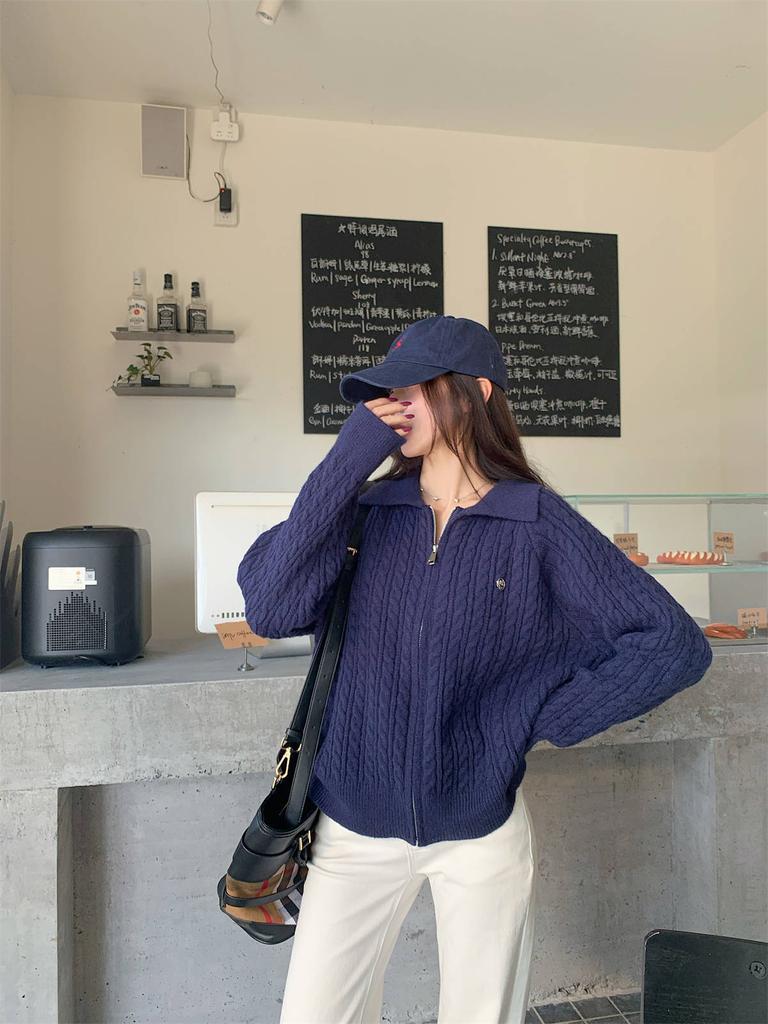 Vintage olo lapel twist zipper sweater cardigan women's autumn and winter college style long-sleeved top jacket