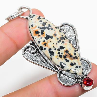 Natural Dalmation Jasper, Garnet Gemstone 925 Sterling Silver Pendant 2.80" C7r60