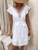 European & American V-neck Lace Splice Tie-up Dress for Women – Solid Color Summer Fashion
