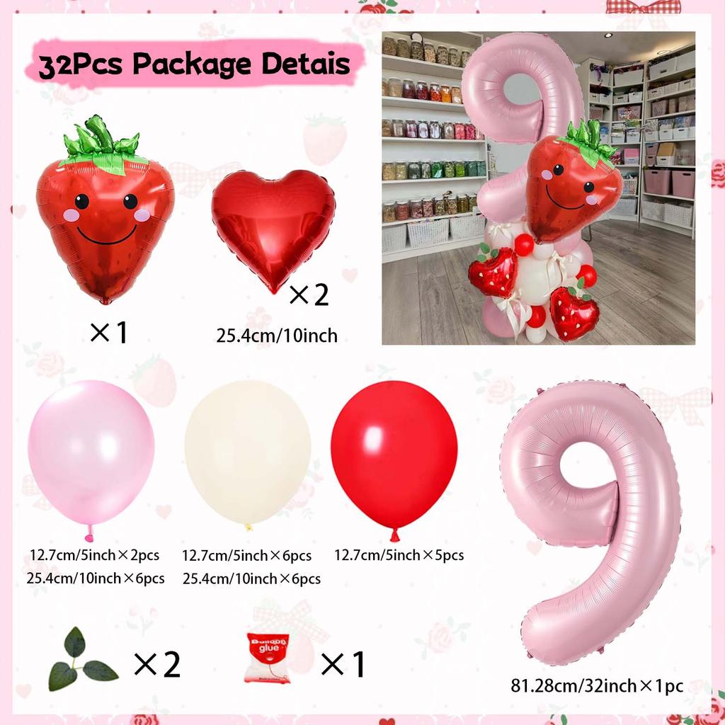 Strawberry Digital Balloon Numbers 0-9 Strawberry Love Aluminum Film Pink White Red Balloon for Anniversary Birthday