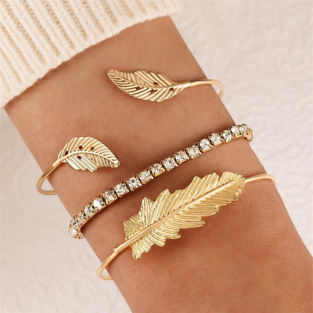 New Bracelet Alloy Feather Diamond Bracelet Set, Flower Shell Geometric Bracelet Multi-piece Set
