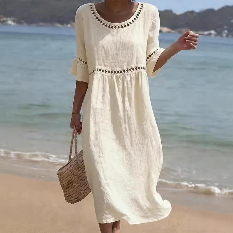 

Women s Spring Summer Elegant Casual Dress, Round Neck Flared Half Sleeve Hollow Out Solid Color Long Midi Dress for Beach Vacation Daily Wear S белый