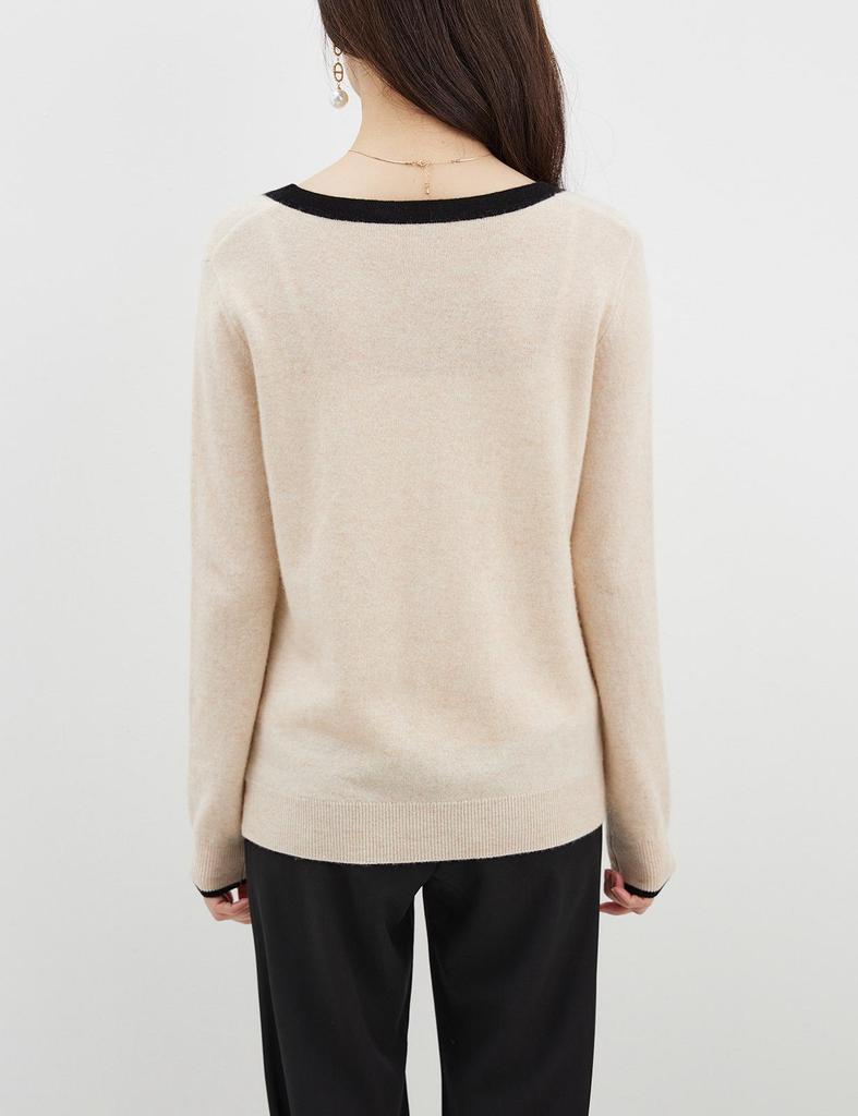 2024 Spring/Autumn Women's V-Neck Wool Cardigan - Color Block & Patchwork Design, Elegant & Versatile Knit Jacket