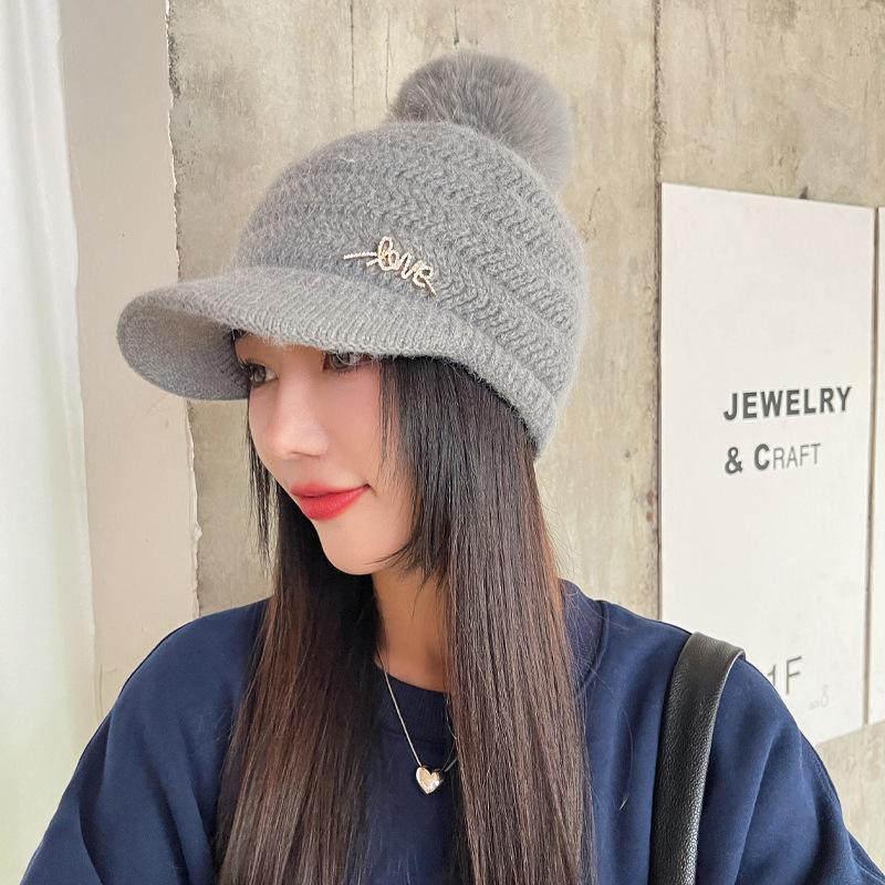 Rabbit-wool Hat for Women's Letters Bright Diamond Knitted Wool Cap Plus Velvet Warm Wool Ball Ear Protection Baseball Cap
