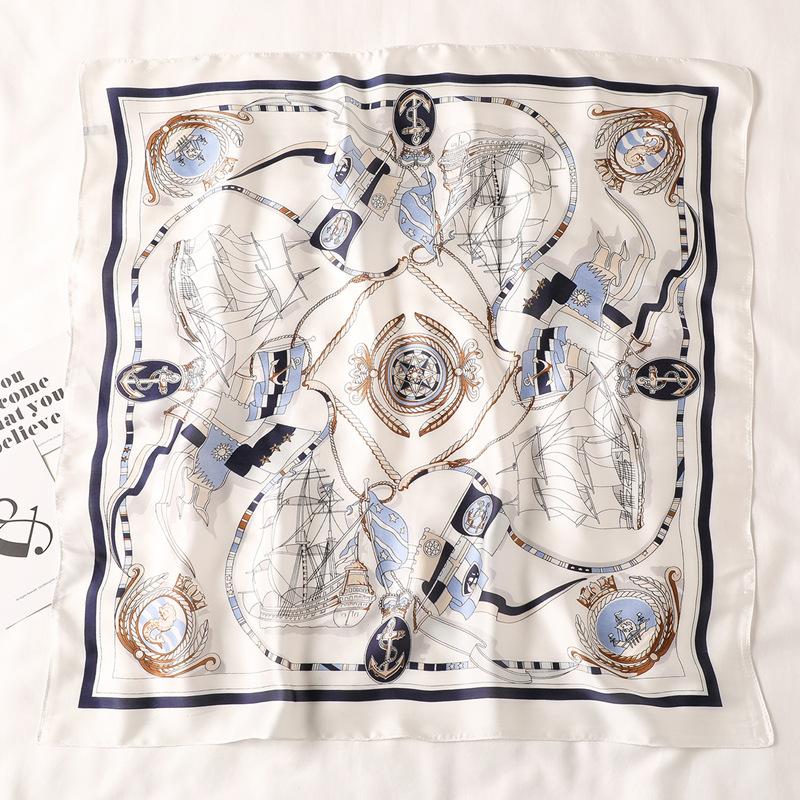 Xiaoxiangfeng Imitation Silk Scarf Women's Sailboat Pattern Versatile Decorative 70x70 Square Tied Headband