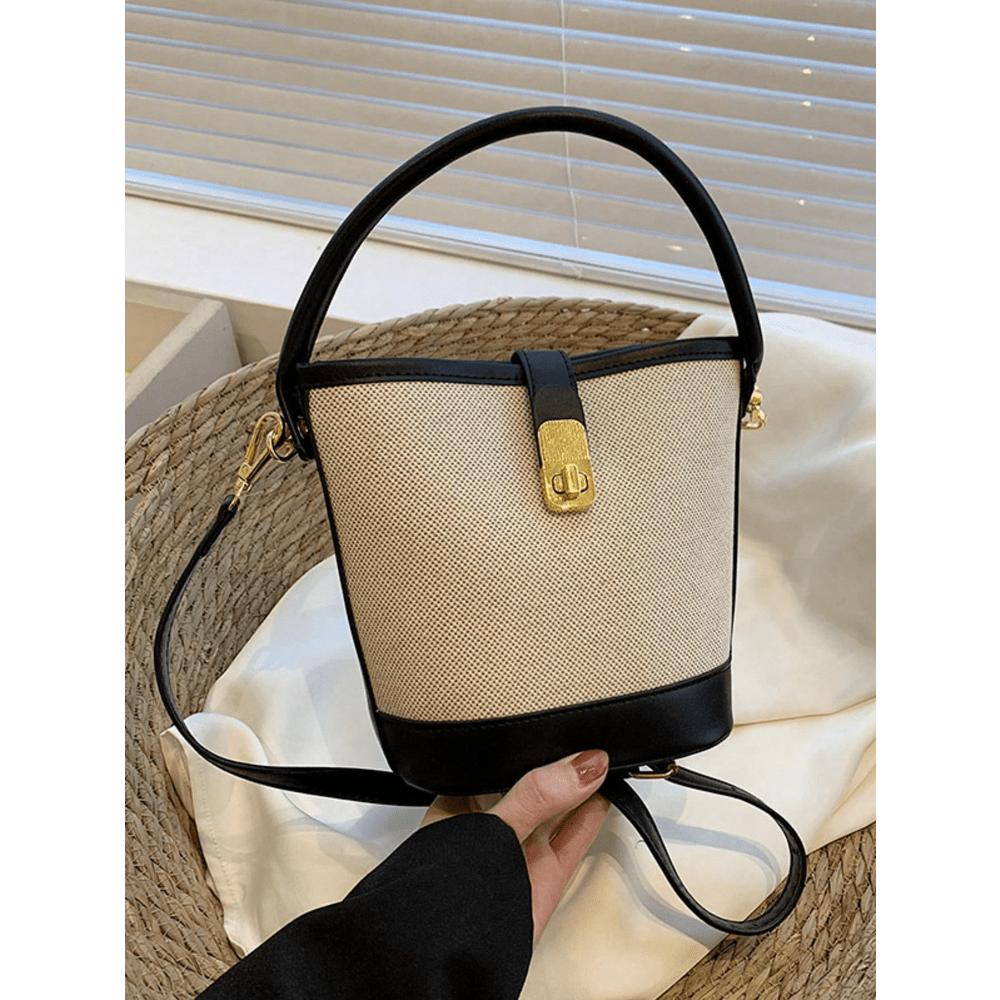 1PC Fashion Contrast PU Canvas Splice Buckle Handbag Water Bucket Bag Strap Long Shoulder Strap Crossbody Bag For Women's Daily Use