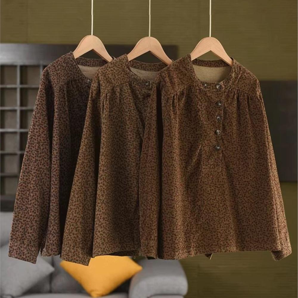 Johnature Cămăși Topuri Vintage din Catifea pentru Femei cu Guler Înalt și Mânecă Lungă Toamnă Stil Chinezesc Cămăși Femeie