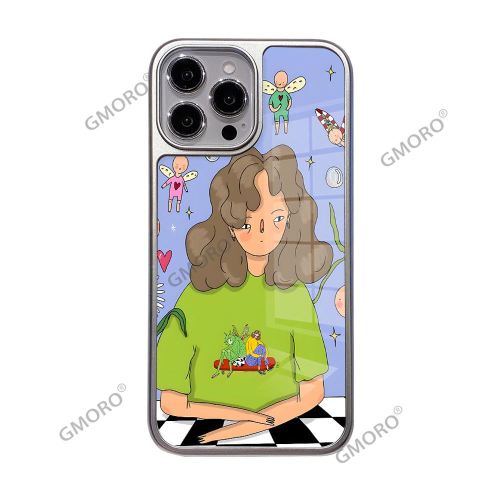 Hot-selling graffiti curly hair girl applies Apple 17 glossy glass 16/15pro large hole anti-collision mobile phone case