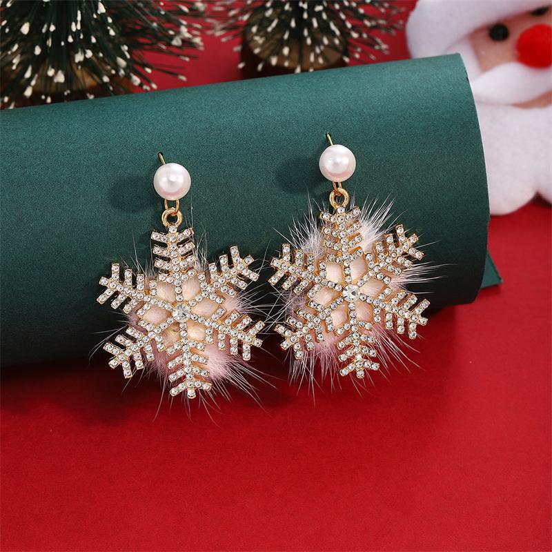 

Christmas Snowflake Red Flocking Bowknot Drop Earrings for Women Xmas Cute Elk Snowman Hairball Long Earring Festival Zircon