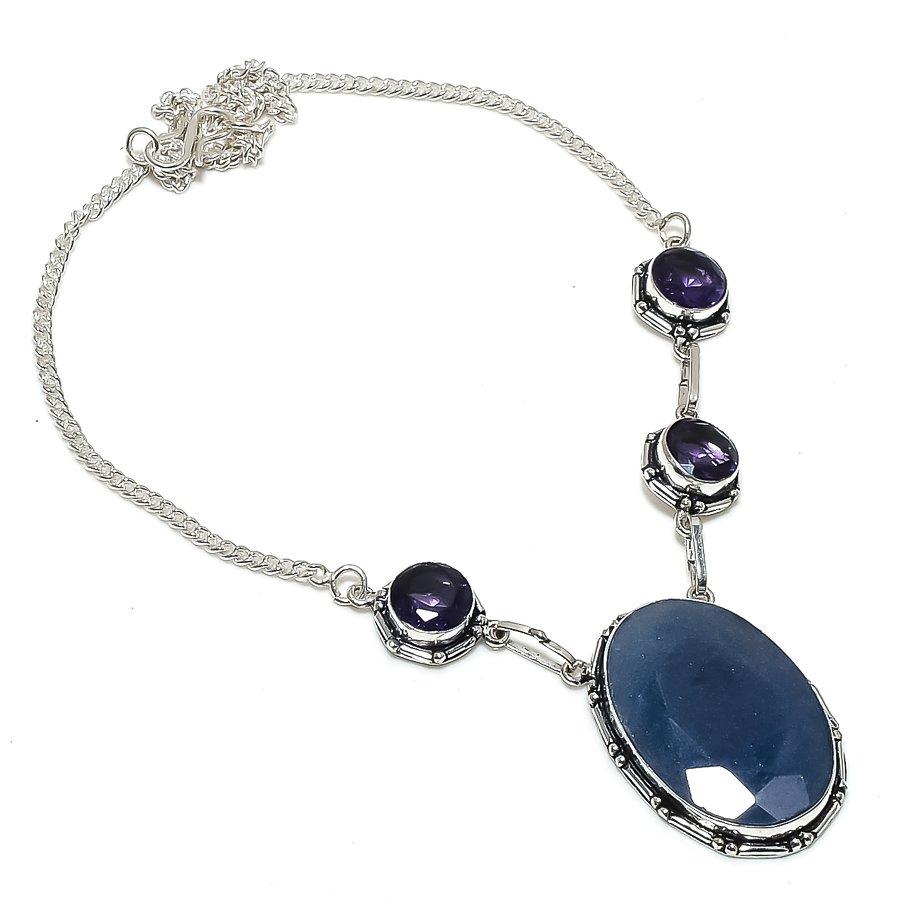 Sapphire(Simulated), Amethyst 925 Sterling Silver Necklace 18" l7p13