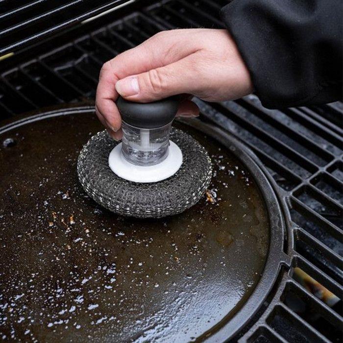 Metallschwamm - 8 x 8 cm - Integrierter Seifenspender - Silberfarben - Hohe Beständigkeit