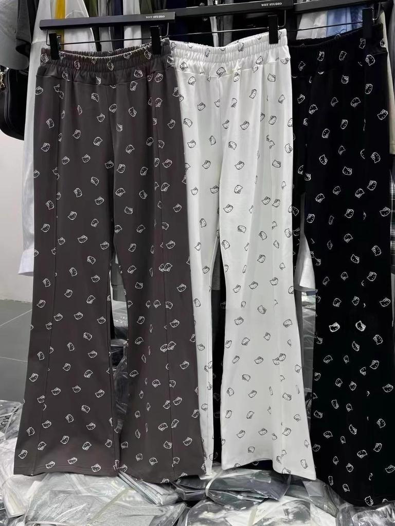 High Waist Blue Smiley Micro Flare Wide Leg Pants for Women - Slimming, Floor-Length, Spring/Autumn, Straight Loose Fit