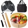 [Includes a Japanese-style Drawstring Bag] 1. Bento Box Made of Plain Wood (willow Cedar), 2. Chopsticks, 3. Insulated Hot/cold Bag, 4. Drawstring Bag