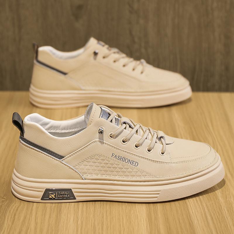 

Fashion Men s Slip-On White Sneakers Soft Leather Waterproof Anti-Slip Flat Sole Casual Comfortable Shoes for Men Autumn 2025 New 39 бежевый