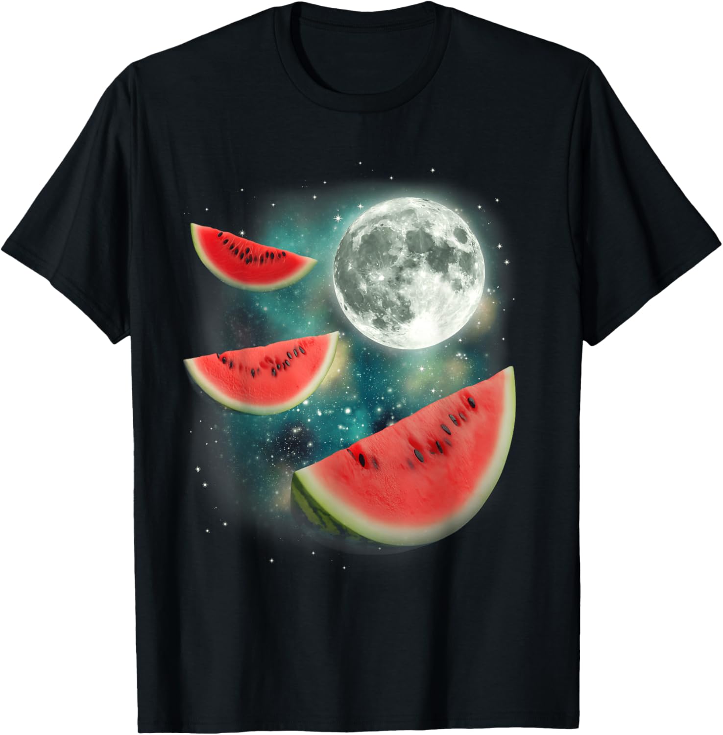 

Watermelon Moon Galaxy Weird Meme Graphic Tee Funny Summer Vacation Crewneck T-Shirt 4XL