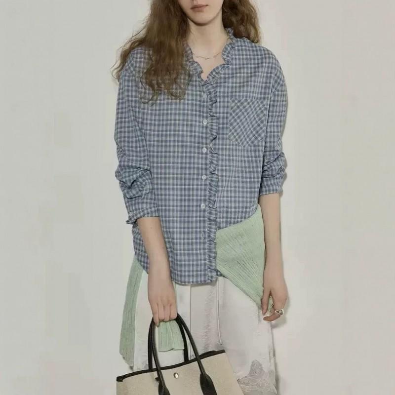 Color Block Plaid Ruffle Long Sleeve Shirt Women Loose Casual Top