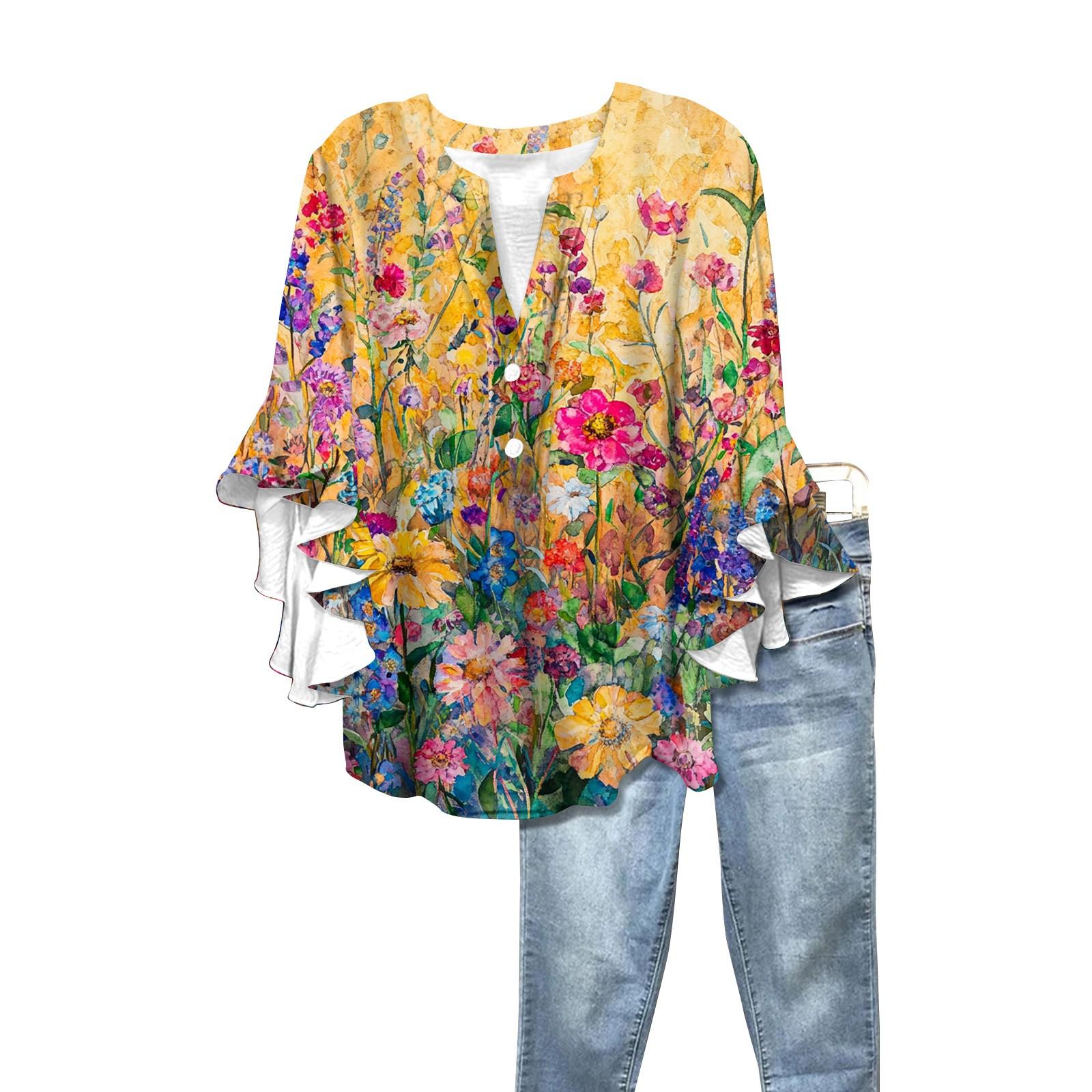 

Summer Women s Tops V Neck Three Quarter Sleeve Shirt Vintage Floral Print Tops Casual Shirts XL жовтий