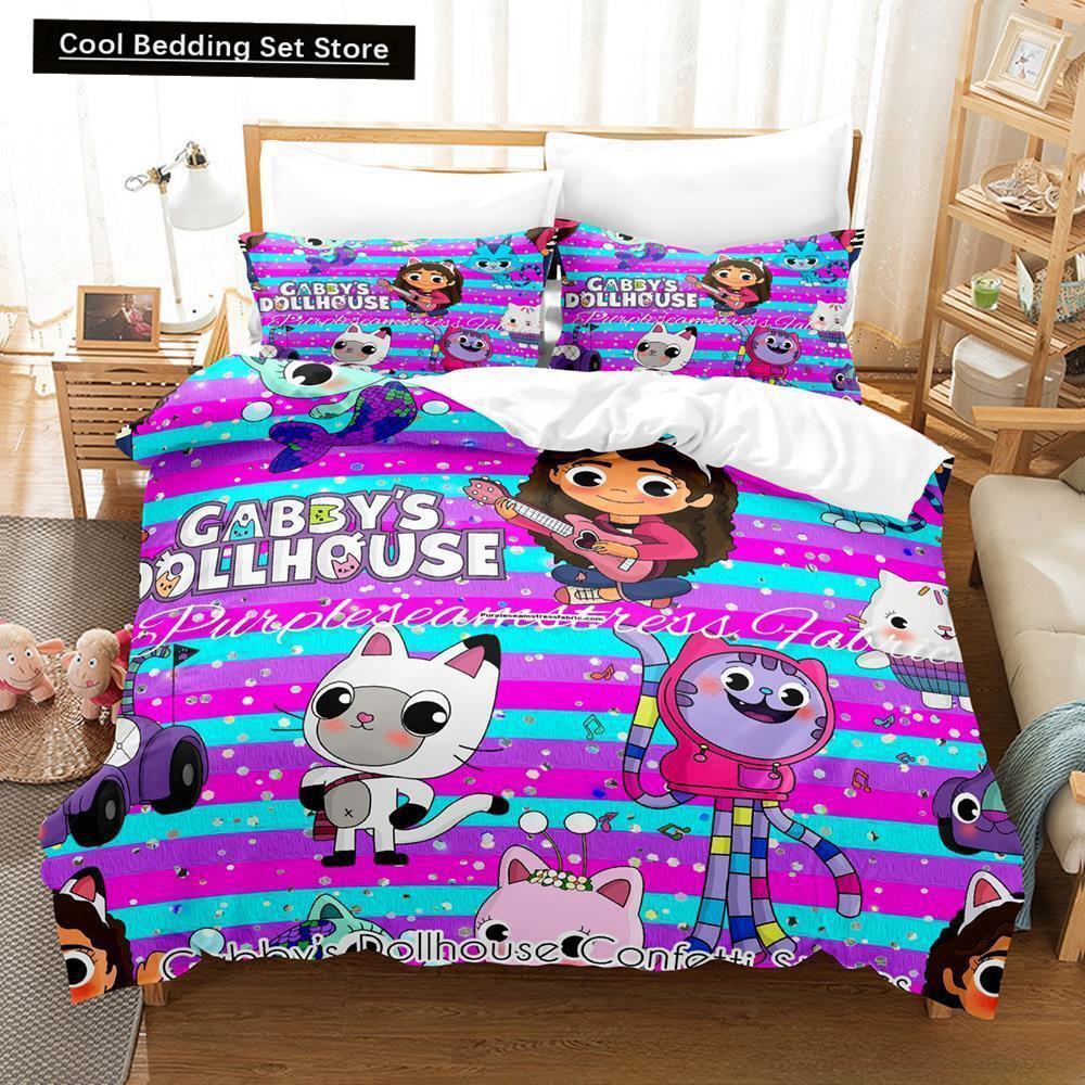 Gabbys Puppenhaus Bettwäscheset Einzelbett Twin Full Queen King Size Bettset Erwachsene Kinder Schlafzimmer Bettbezugsets 3D Anime Bettlaken-Set