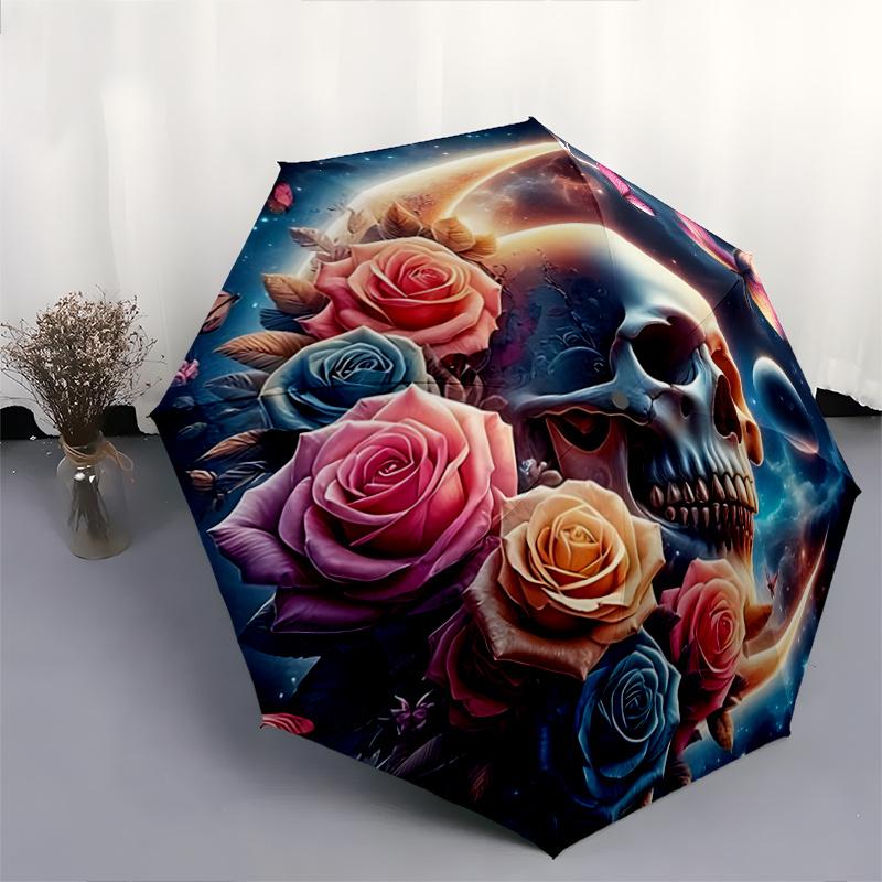 1pc Skull Surrounded by Roses Butterflies and Celestial Moons Automatic Opening and Closing Umbrella - Suitable for Various Occasions, Outdoor Activit