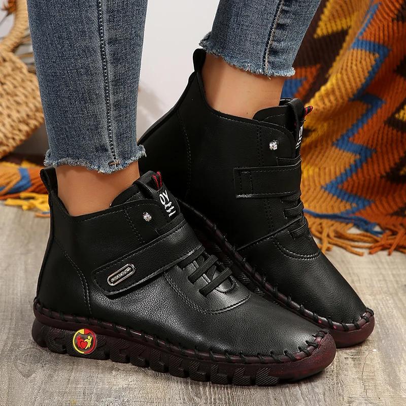 Brown PU Leather Flat Ankle Boots for Women  Trend Lace Up High Top Sneakers Woman Comfy Soft Sole Casual Shoes Botas Mujer