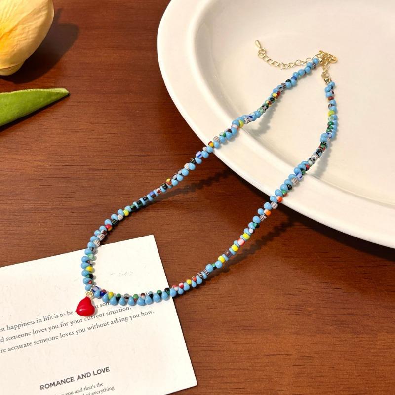 Vintage Blue Beaded Red Heart Ins Style Clavicle Necklace For Women