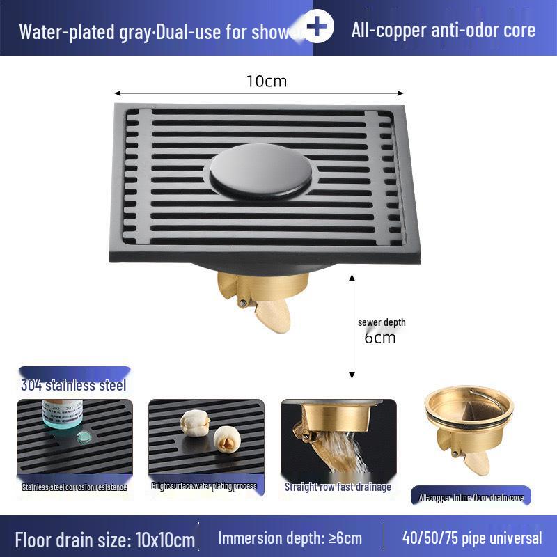 Gunmetal Gray 304 Stainless Steel Odor-Resistant Floor Drain with Copper Core for Shower & Washing Machine.
