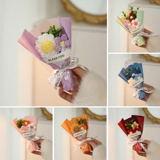 Crochet Flower Bouquet Handmade Knitted Mini Artificial Bouquet Fake Puff Flower Gift for Mother Wife On Birthday Anniversary