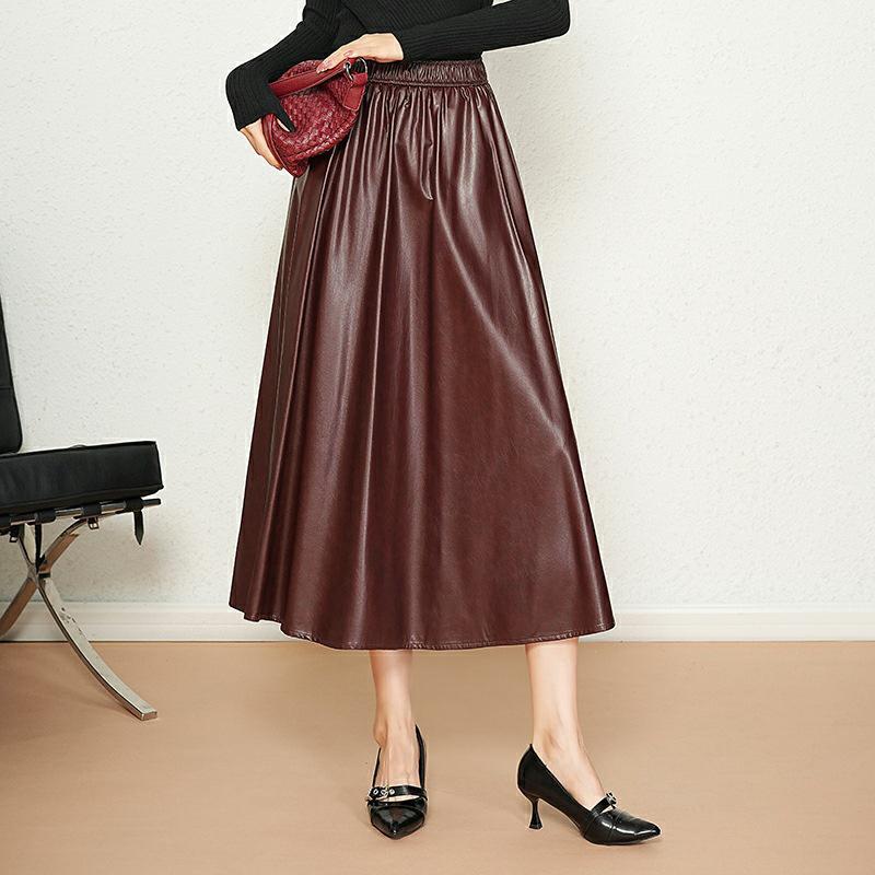 2025 Women's High-Waist Lambskin Leather Midi Skirt - Autumn/Winter Slimming A-Line Fashion
