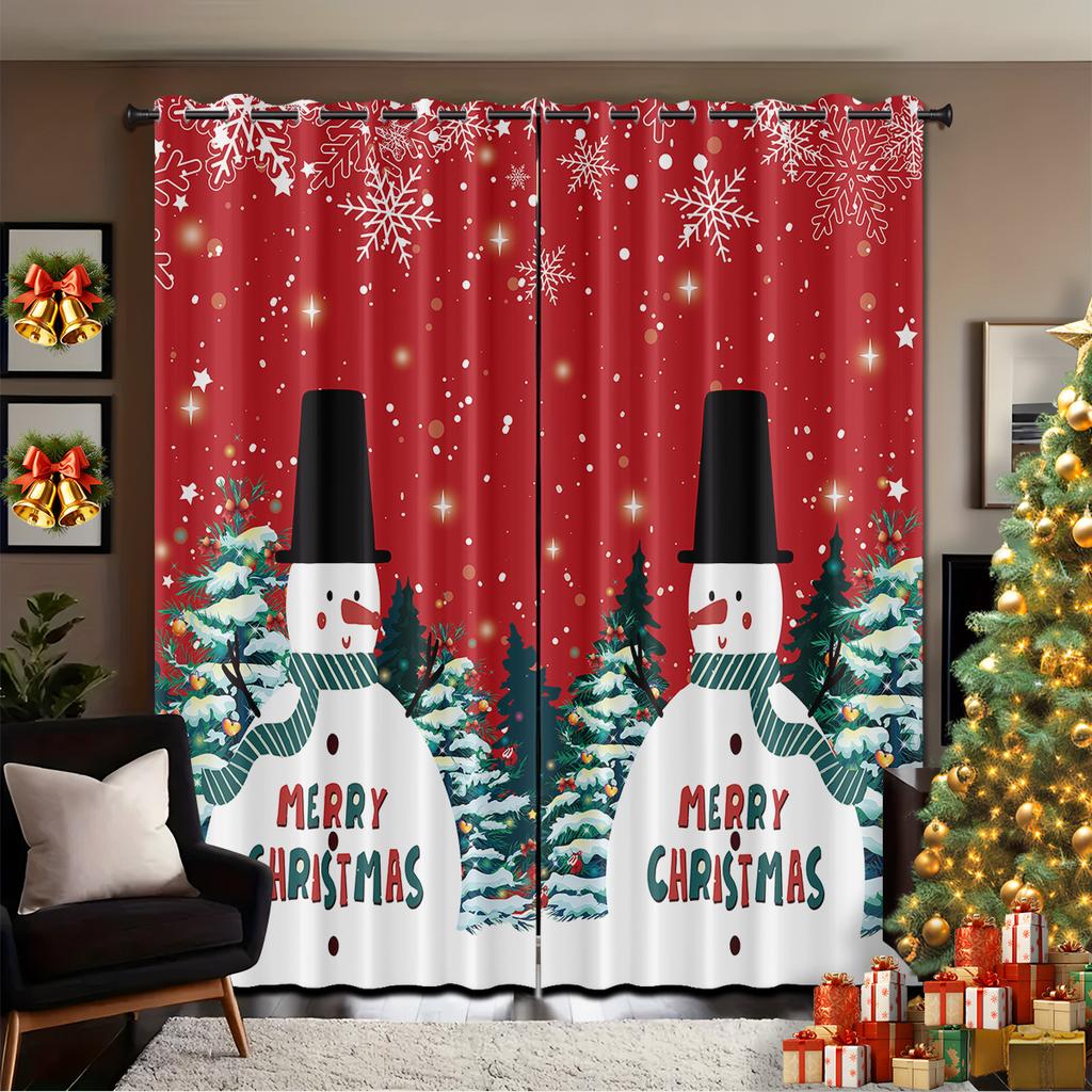 Christmas Snowman Print Red Curtains Multiple Sizes Living Room Insulation Decoration Easy Install Curtain Light Blocking For Polyester Machine