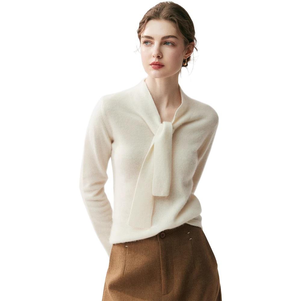 60% Cashmere V-neck Ribbon Knit Top for Women - Loose & Slimming Fit
