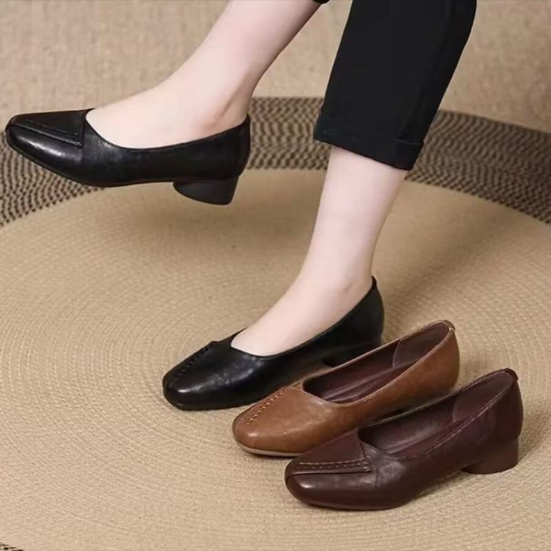 Soft Leather Shallow Mouth Single Shoes Women's Autumn Simple New Soft Sole Thick Heel Retro Comfortable Casual Shoes