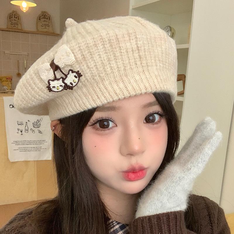 Japanese Cute Cat Knitted Beret Female Artistic Retro All Match Show Face Little Cloud Painter Hat Octagonal Hat