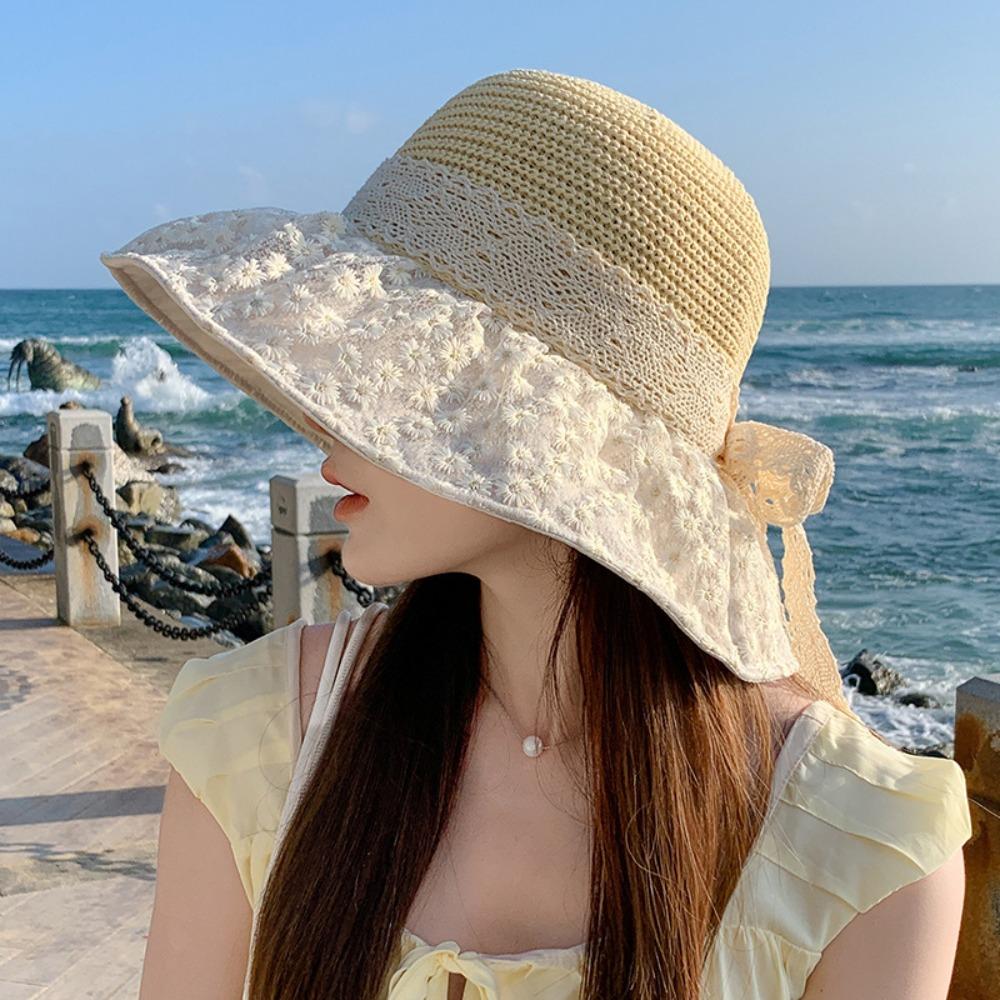 

Ribbon Bow Sun Hat Flower Sun Protection Cap Casual Weave Straw Cap Holiday бежевый