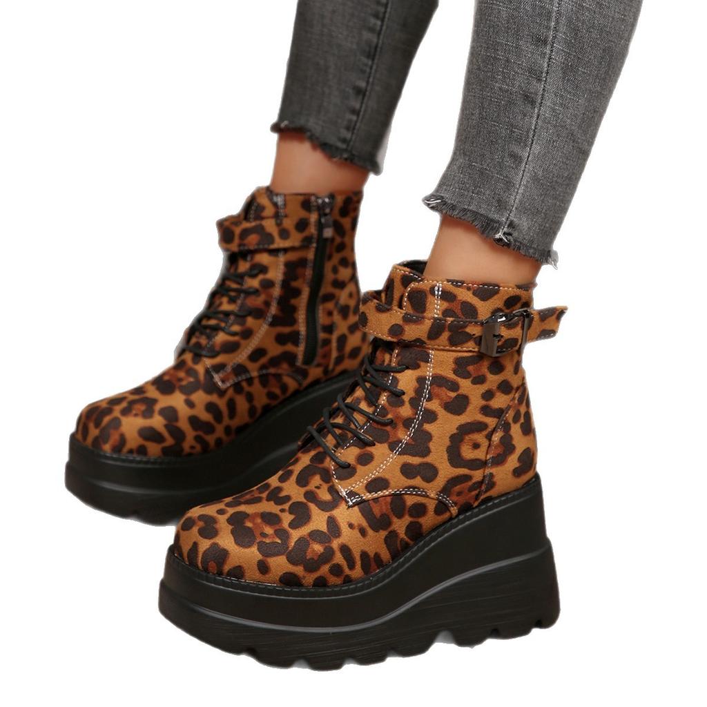 Women 2025 Leopard Plus Size Ankle Boots Side Zip Front Lace-up High Heels Shoes Wedges Platform Comfortable Outdoor Wedge Boots