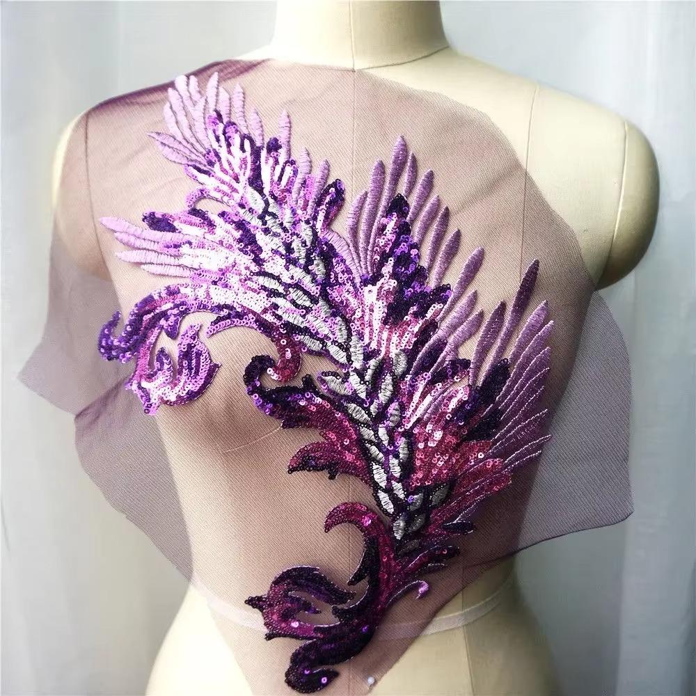 

Patch Sequin Embroidery Sequin Appliques Phoenix Tail DIY Feather Appliques Sew On Patch Wedding Gown DIY Decoration